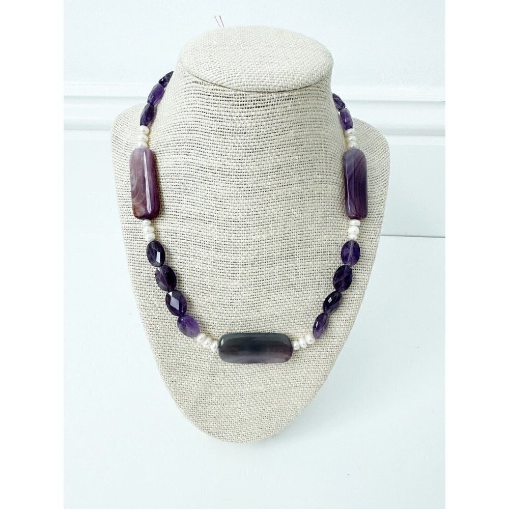 NWT Genuine Amethyst, Pearls & Purple Lace Agate Necklace Beaded Purple White